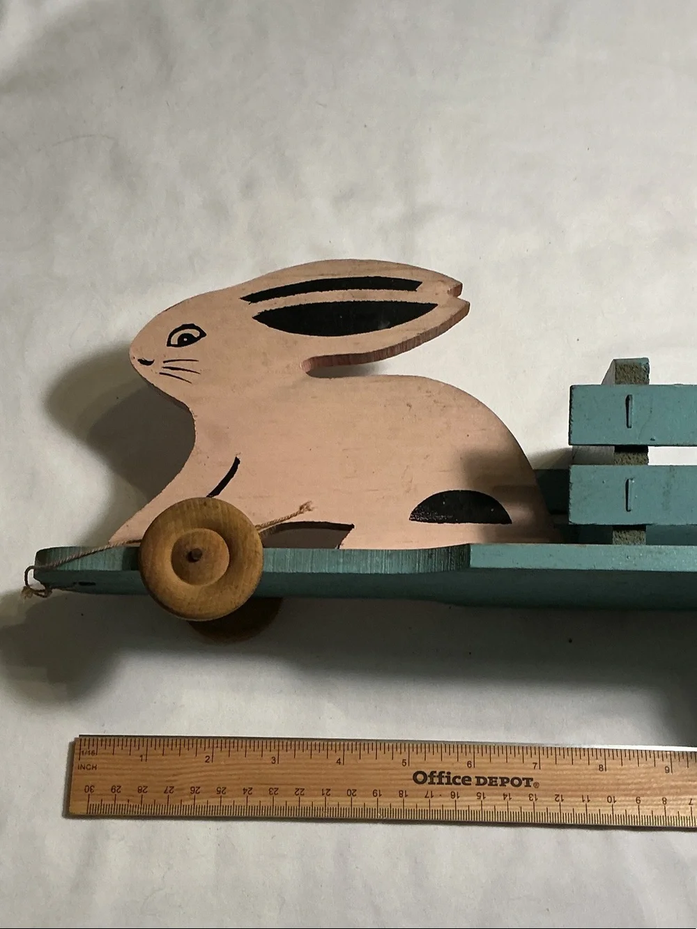 Antique Unique Rare 1900’s Pink Bunny Pull Toy w/ Teal Wagon over 125 years old